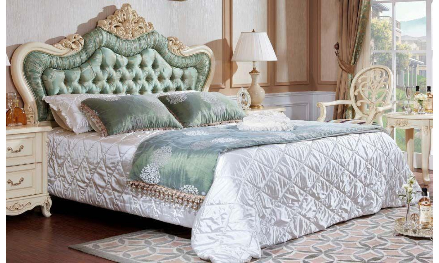 Кровать Милано MK-1866-IV двуспальная с кристаллами (цвет патины: золото) Слоновая кость