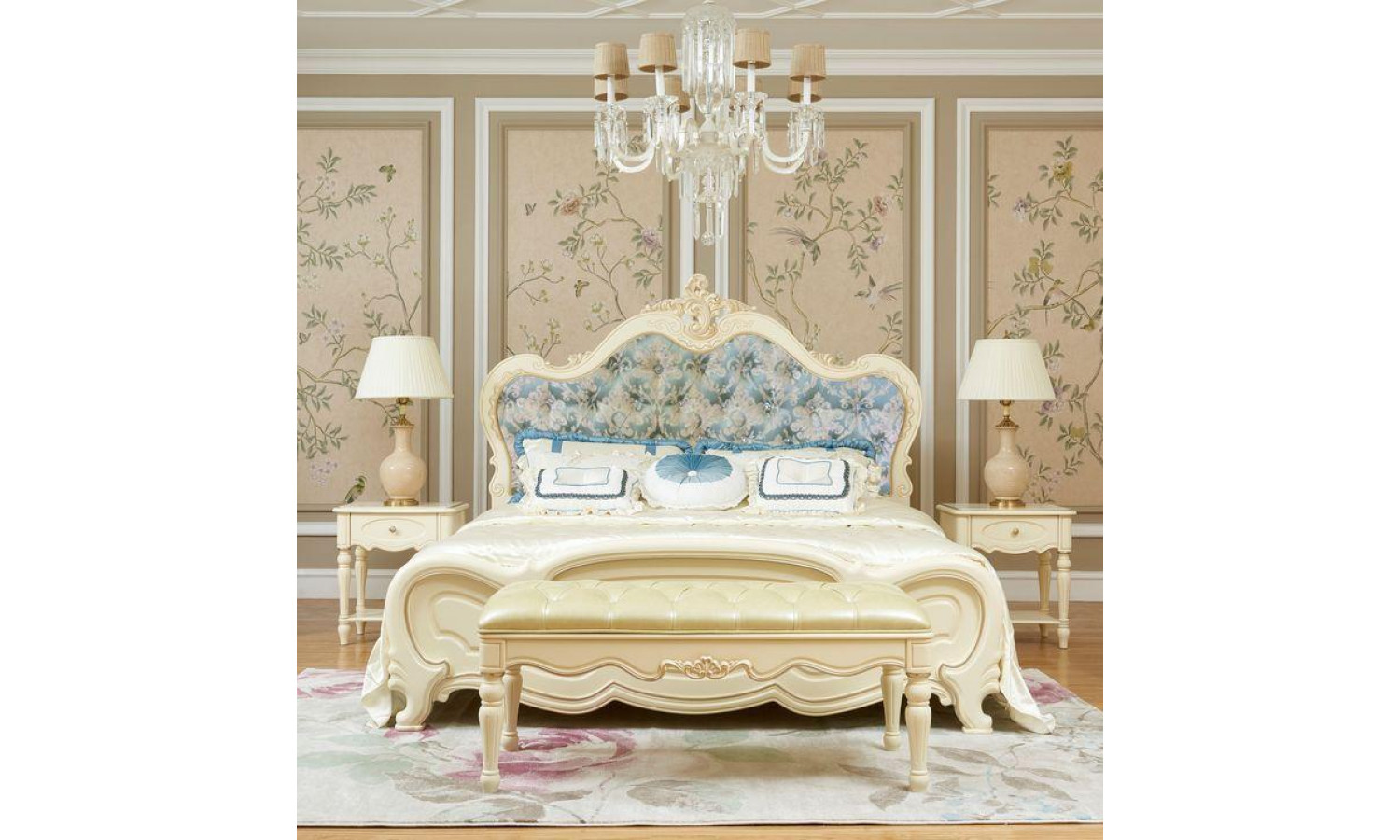 Кровать Милано MK-1866-IV двуспальная с кристаллами (цвет патины: золото) Слоновая кость