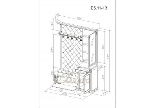 Прихожая на 5 крючков с тумбой, полкой и зеркалом открытым Б5.11-13 Карамель