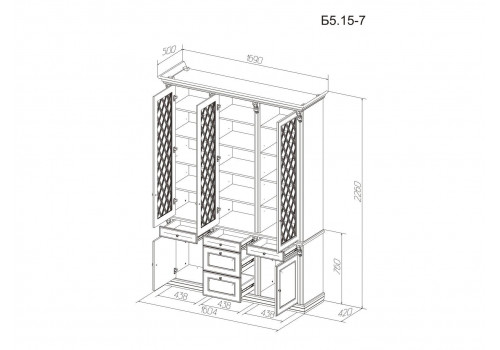 Шкаф для книг 3-х ств.  с зеркалом и стеклянными полками Б5.15-7 (з) карамель