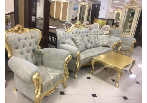 Комплект мягкой мебели СУЛТАН SULTAN, золото, ткань - светло-голубая+беж