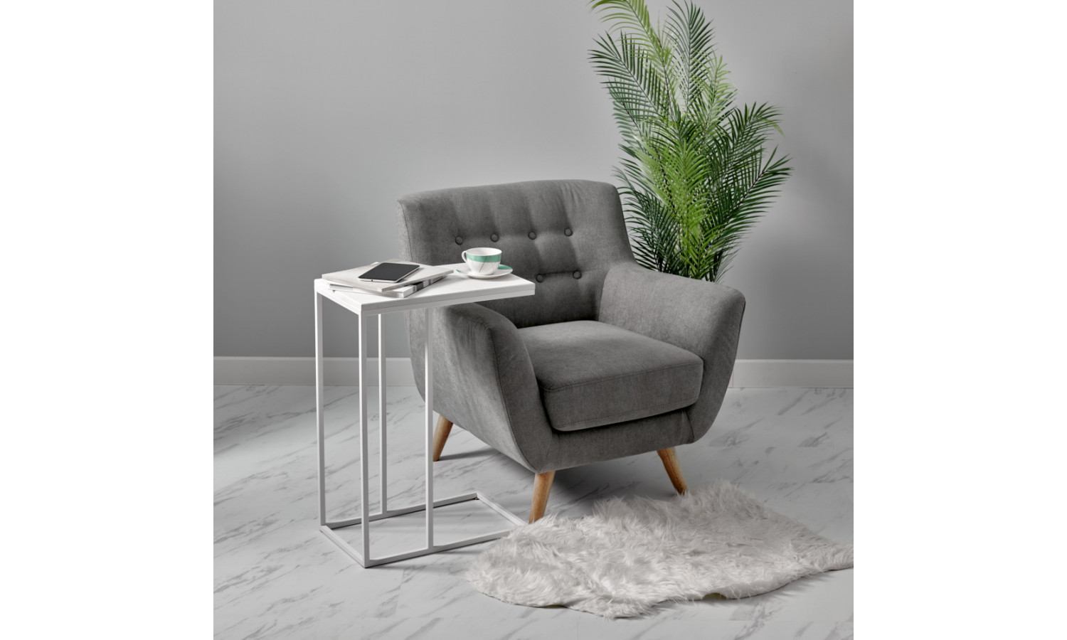 Придиванный столик Loft 50x30см, белый мрамор с белыми ножками