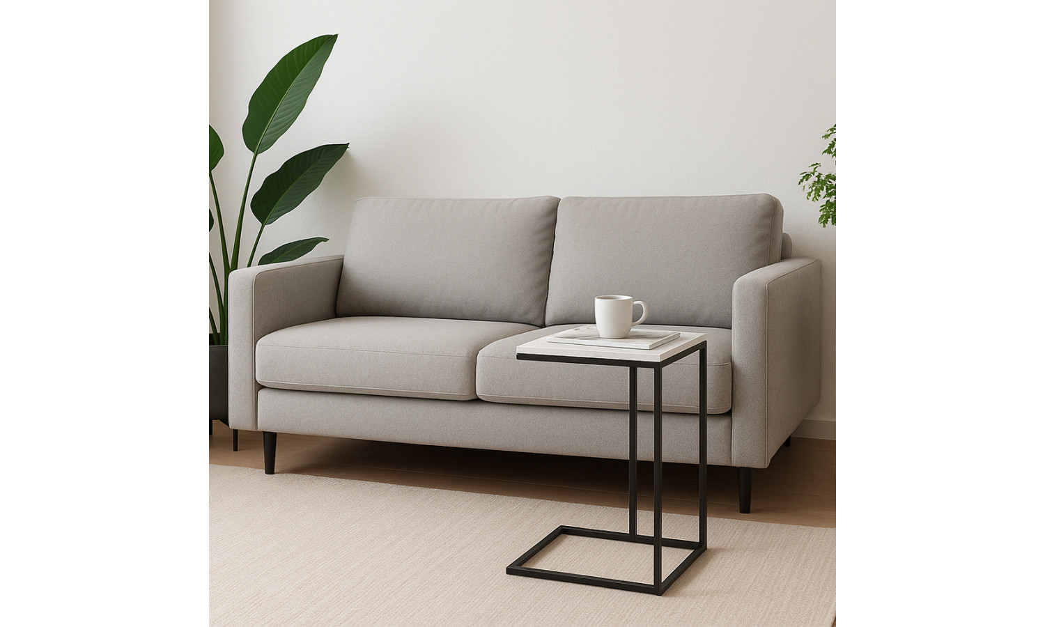 Придиванный столик Loft 50x30см, белый мрамор, чёрные ножки