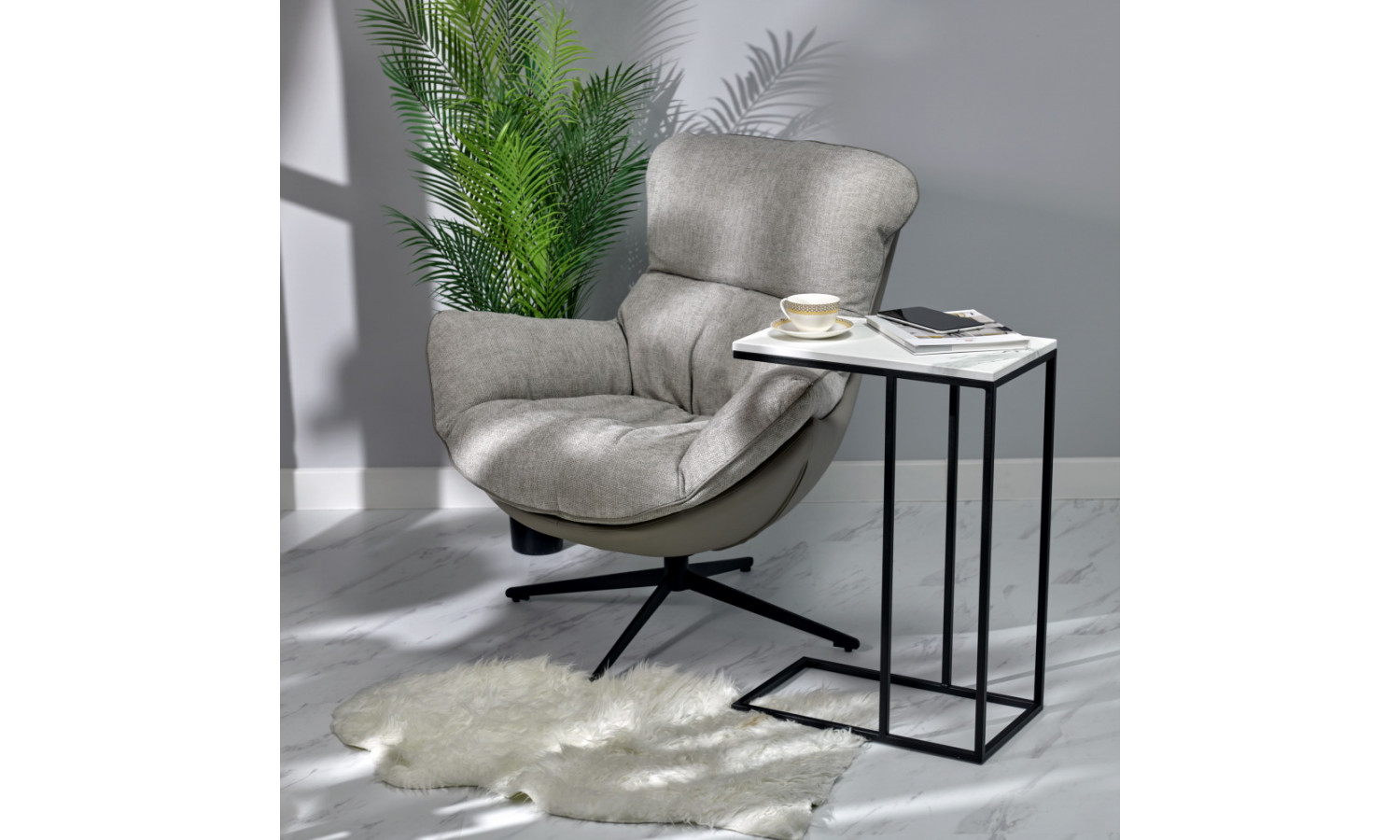 Придиванный столик Loft 50x30см, белый мрамор, чёрные ножки