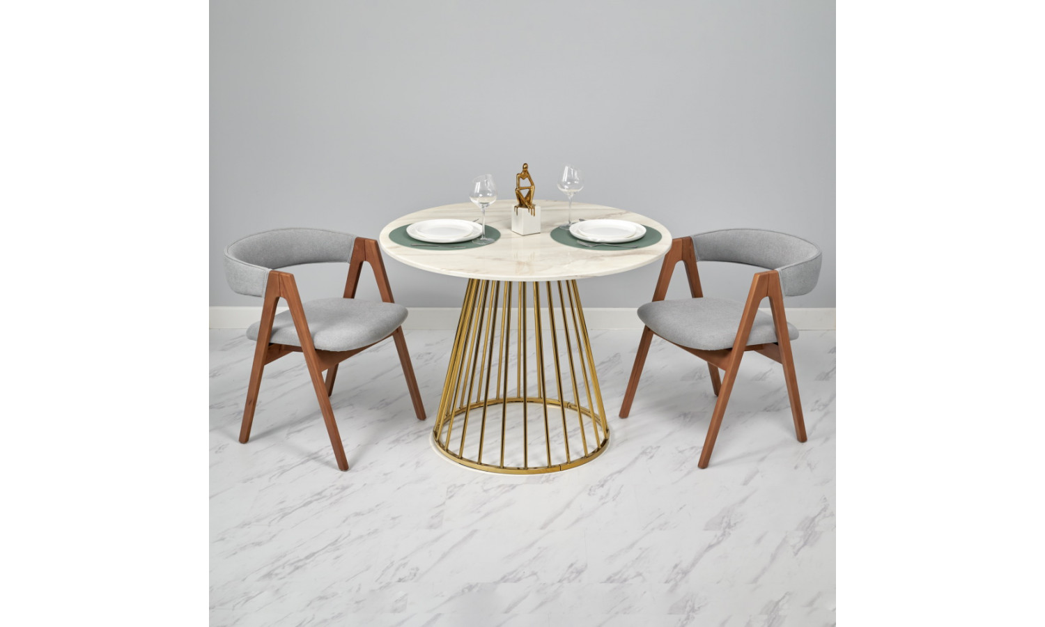 Стол Liverpool диам.100см, керамогранит белый мрамор с золотистыми ножками