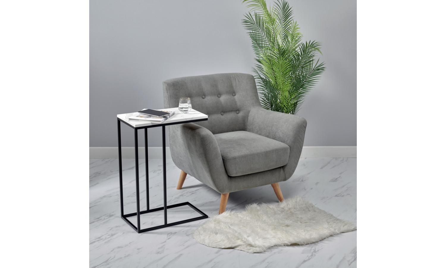 Придиванный столик Loft 50x30см, белый мрамор, чёрные ножки