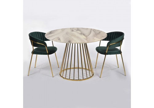 Стол Liverpool диам.100см, керамогранит белый мрамор с золотистыми ножками