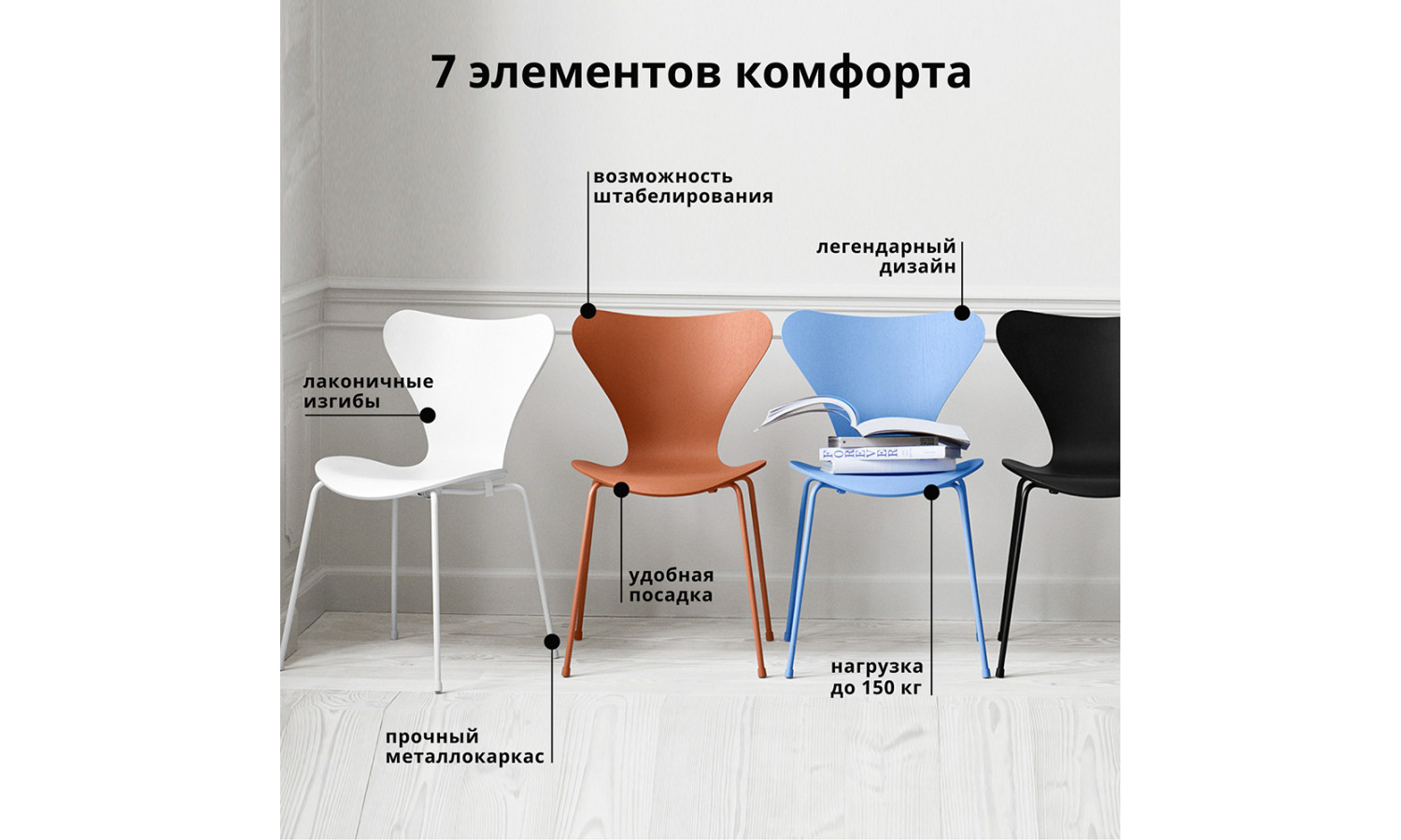 Комплект из 4-х стульев Seven Style белый с хромированными ножками