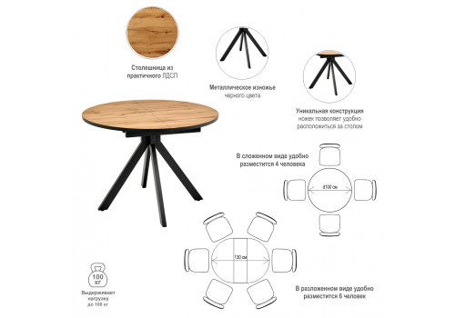 Стол Rudolf круглый раскладной 100-130x100x75см, Дуб Вотан, чёрный