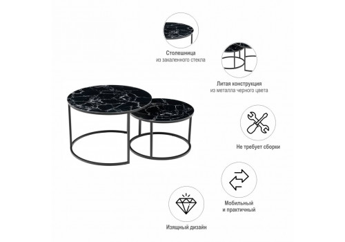 Набор кофейных столиков Tango чёрный мрамор с чёрными ножками, 2шт