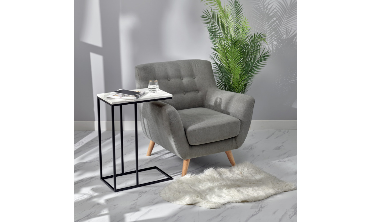 Придиванный столик Loft 50x30см, белый мрамор, чёрные ножки