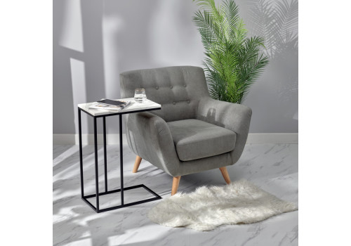 Придиванный столик Loft 50x30см, белый мрамор, чёрные ножки