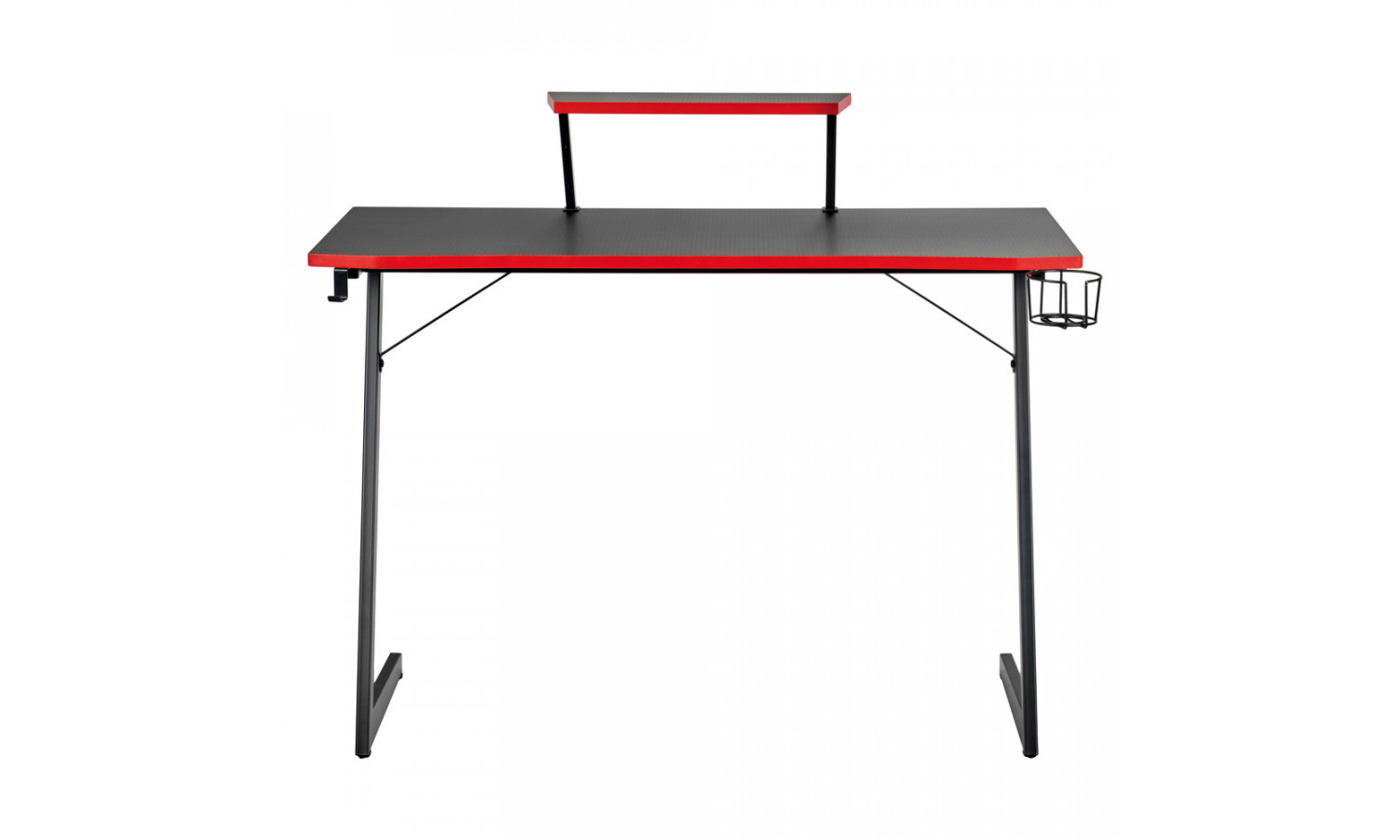 Компьютерный геймерский стол Basic 110х59х75см c полкой для монитора 40х20см, подстаканником, крючком для наушников, карбон чёрный красный