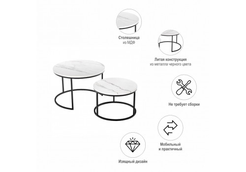 Набор кофейных столиков Tango белый мрамор с чёрными ножками, 2шт