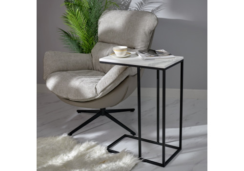 Придиванный столик Loft 50x30см, белый мрамор, чёрные ножки