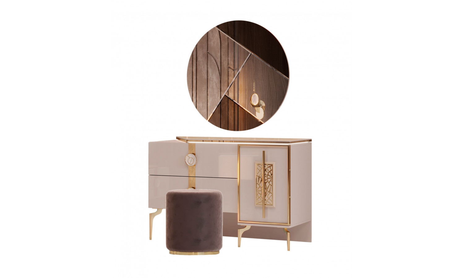 Туалетный стол Грация бежевый золото + зеркало + пуф коричневый
