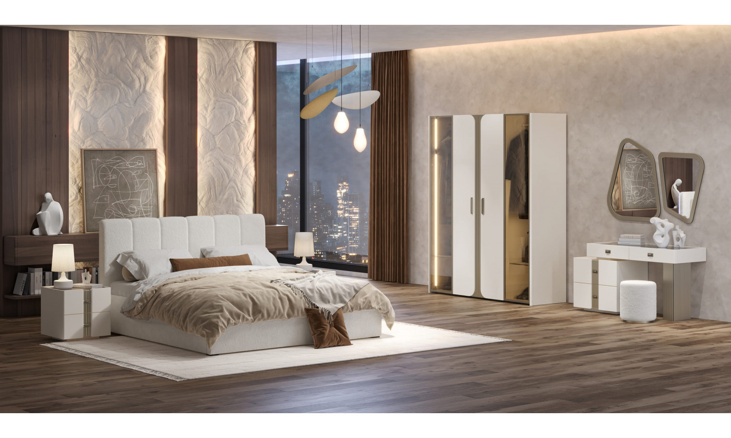 Спальня Леонардо Крем, Шенилл-букле молочный 4-ств 1,6м с малым изголовьем