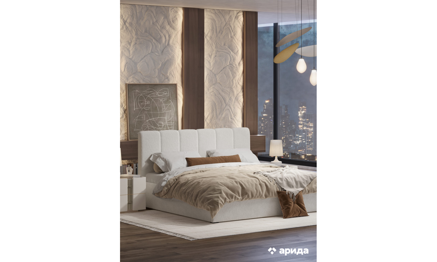 Кровать Леонардо Шенилл-букле молочный 160х200 с малым изголовьем