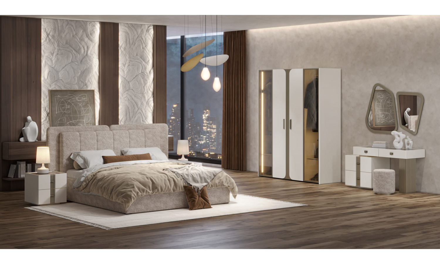 Спальня Леонардо Крем, Шенилл-букле бежевый 4-ств 1,6м с малым и большим изголовьем