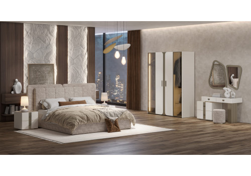 Спальня Леонардо Крем, Шенилл-букле бежевый 4-ств 1,6м с малым и большим изголовьем