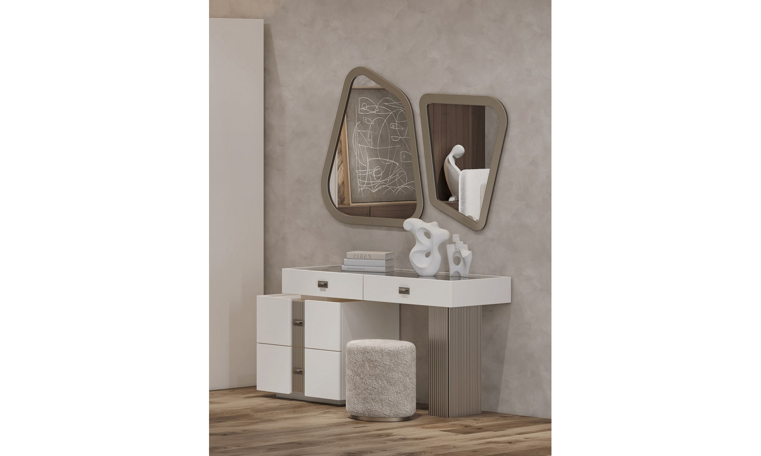 Туалетный стол Леонардо Крем, Шенилл-букле бежевый + зеркало + пуф