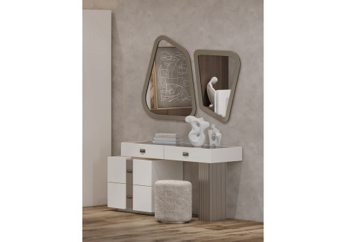 Туалетный стол Леонардо Крем, Шенилл-букле бежевый + зеркало + пуф