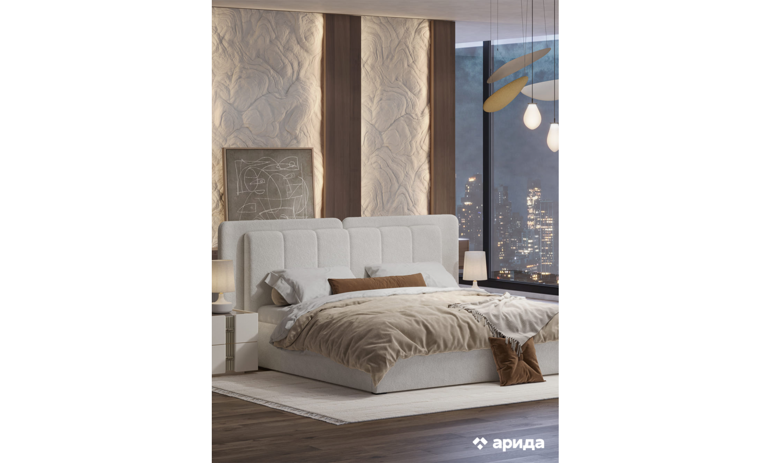 Кровать Леонардо Шенилл-букле молочный 160х200 с малым и большим изголовьем