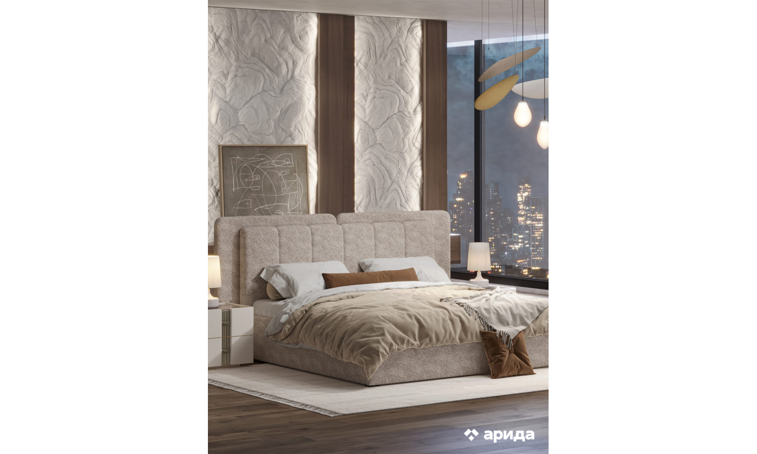 Кровать Леонардо Шенилл-букле бежевый 180х200 с малым и большим изголовьем