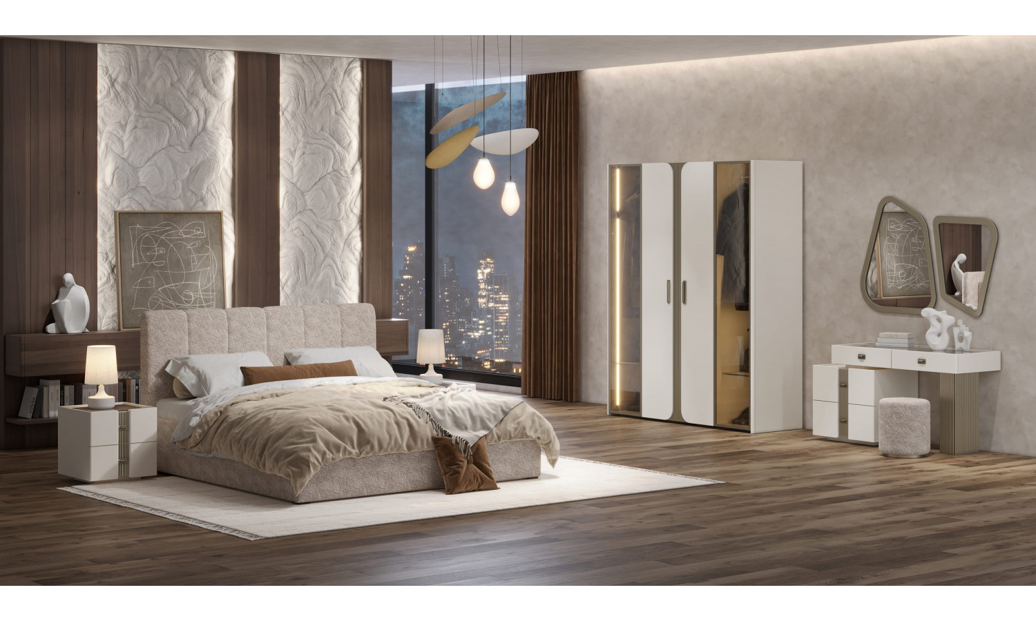 Спальня Леонардо Крем, Шенилл-букле бежевый 4-ств 1,6м с малым изголовьем