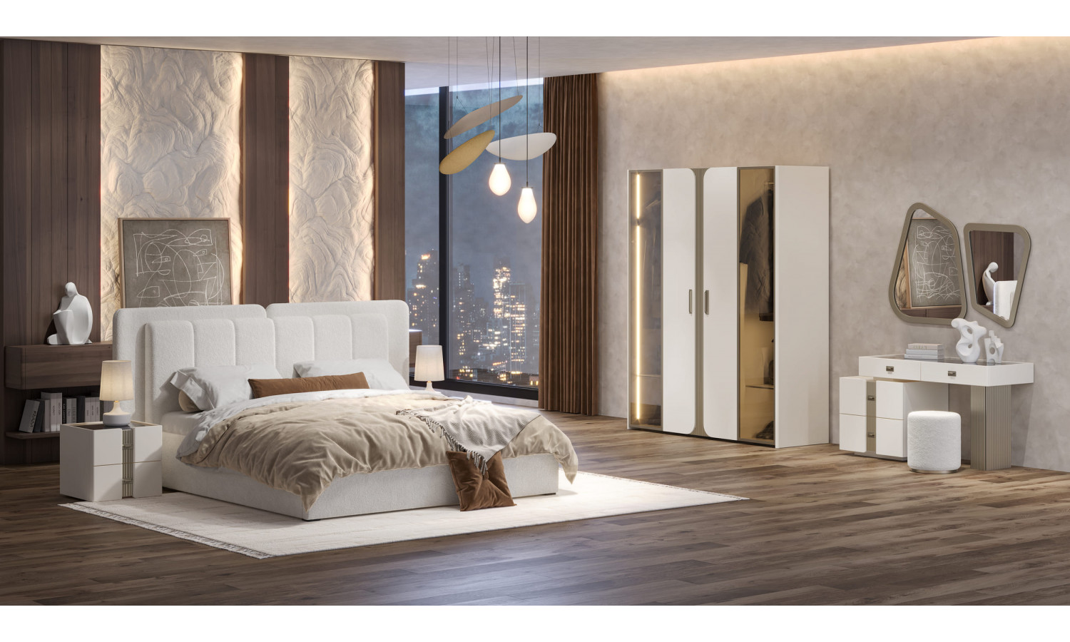 Спальня Леонардо Крем, Шенилл-букле молочный 4-ств 1,6м с малым и большим изголовьем