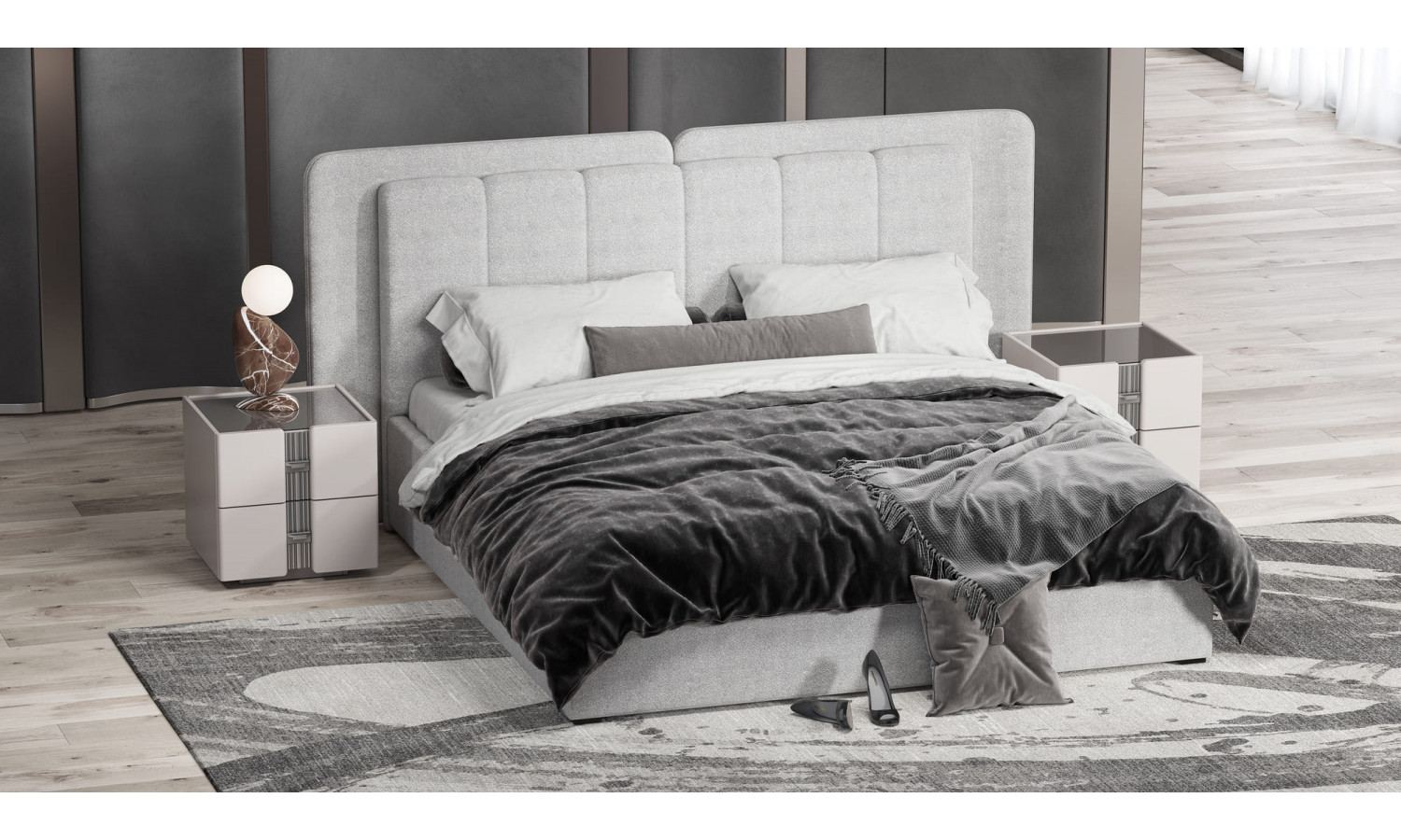 Спальня Леонардо Серый кашемир, Шенилл-букле серый 6-ств 1,8м с малым и большим изголовьем