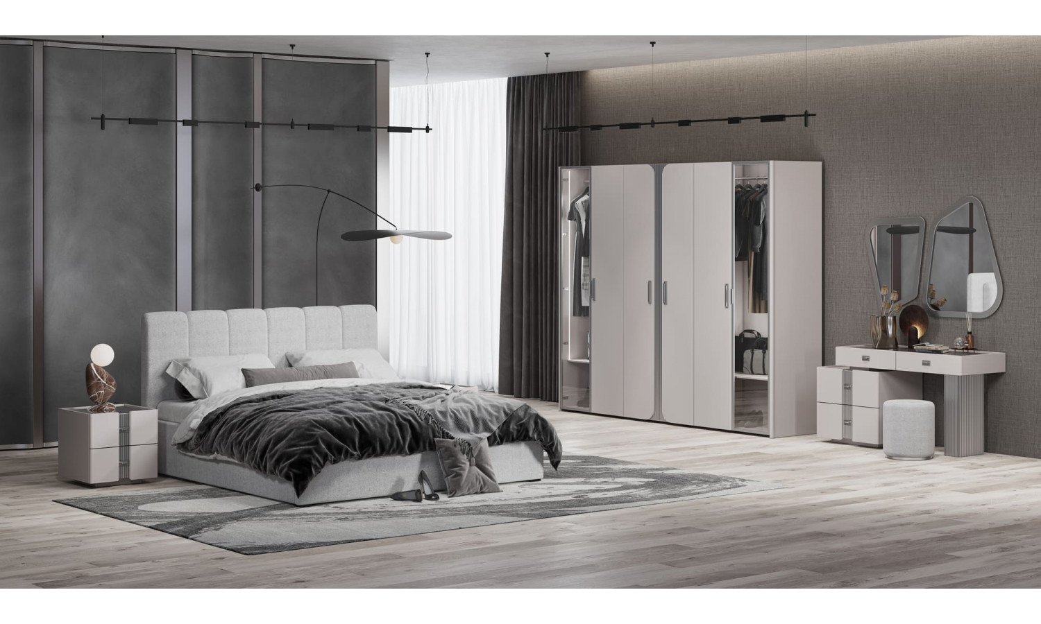 Спальня Леонардо Серый кашемир, Шенилл-букле серый 6-ств 1,8м с малым изголовьем