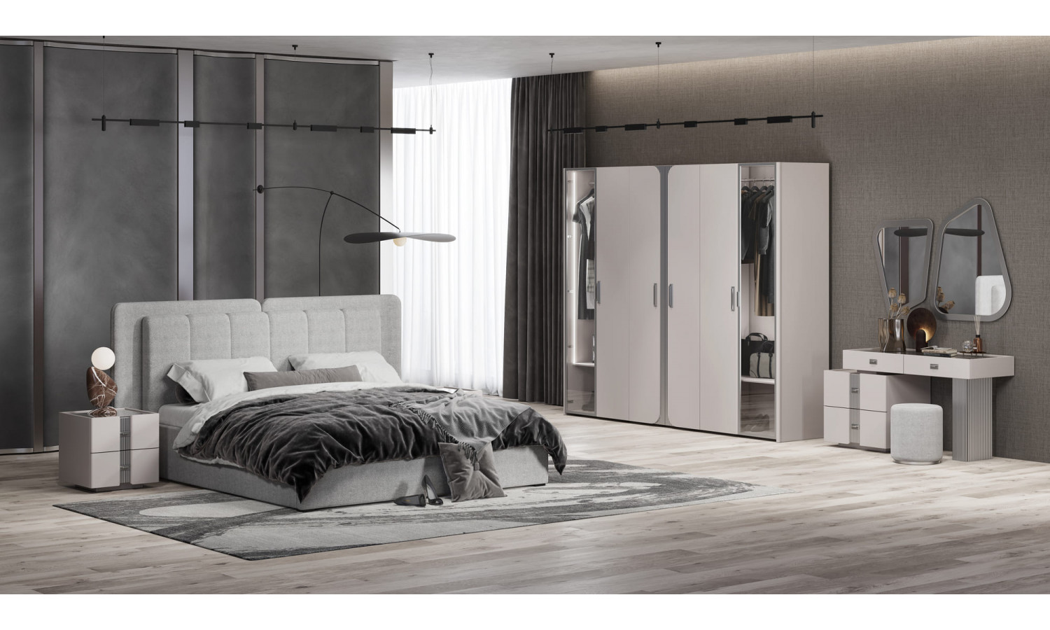 Спальня Леонардо Серый кашемир, Шенилл-букле серый 6-ств 1,8м с малым и большим изголовьем