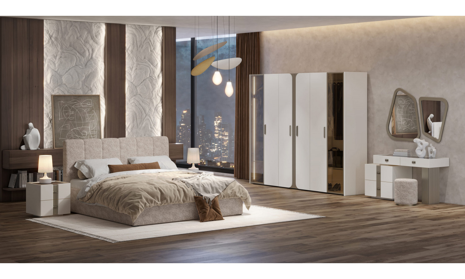 Спальня Леонардо Крем, Шенилл-букле бежевый 6-ств 1,8м с малым изголовьем