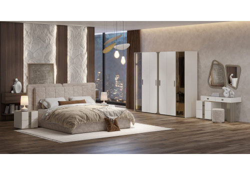 Спальня Леонардо Крем, Шенилл-букле бежевый 6-ств 1,8м с малым и большим изголовьем