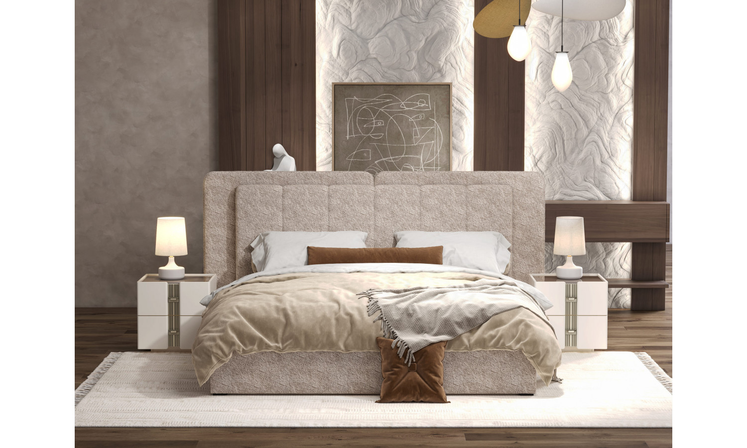 Спальня Леонардо Крем, Шенилл-букле бежевый 6-ств 1,8м с малым и большим изголовьем