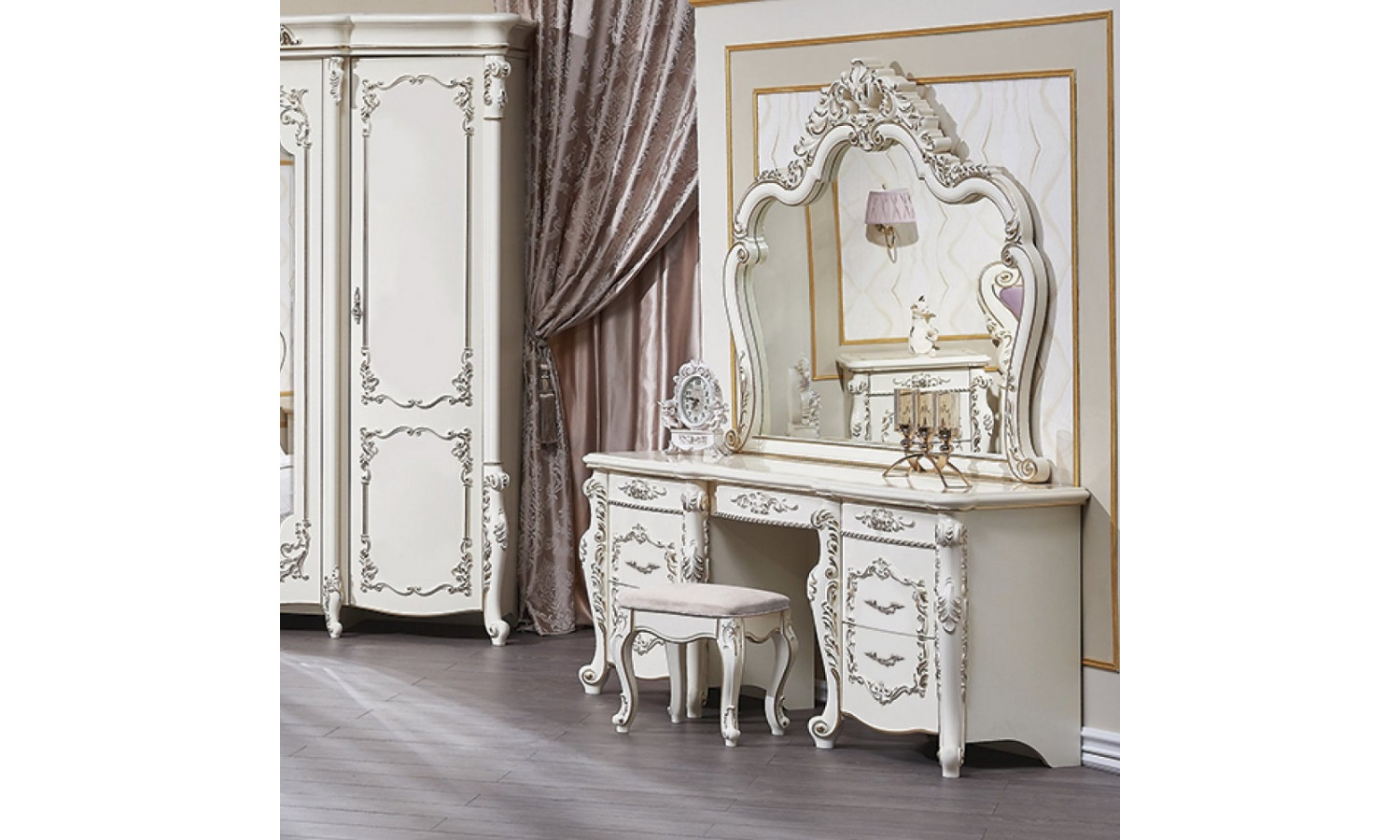 Туалетный стол Венеция Стайл белый серебро + зеркало + пуф
