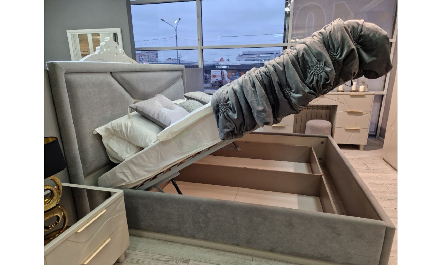 Ящик с подъемным механизмом Лейла серый 180х200