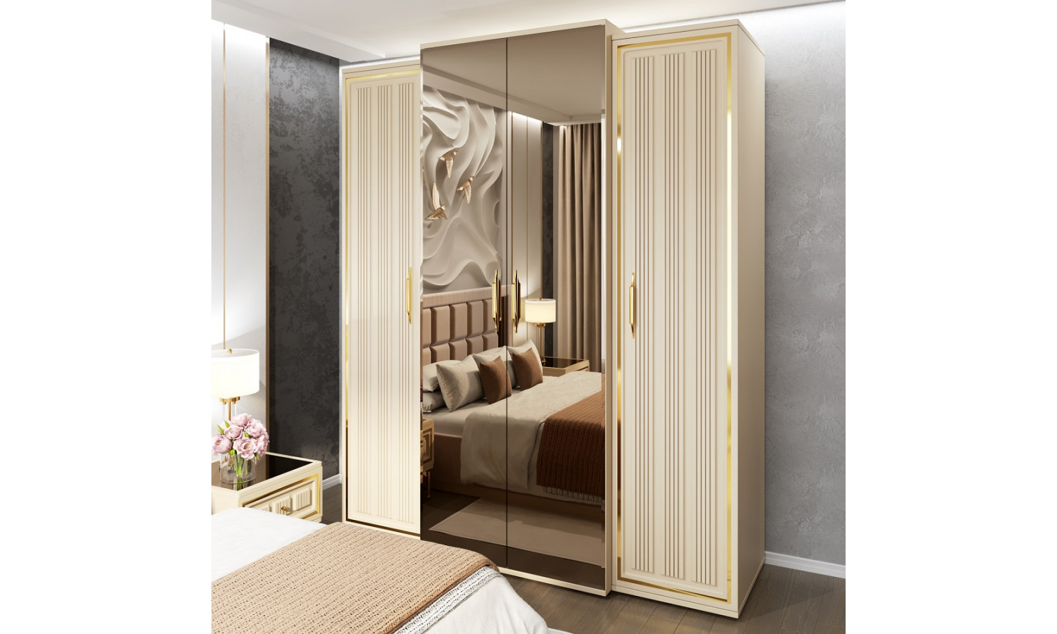 Шкаф Замира бежевый 4-ств с зеркалом