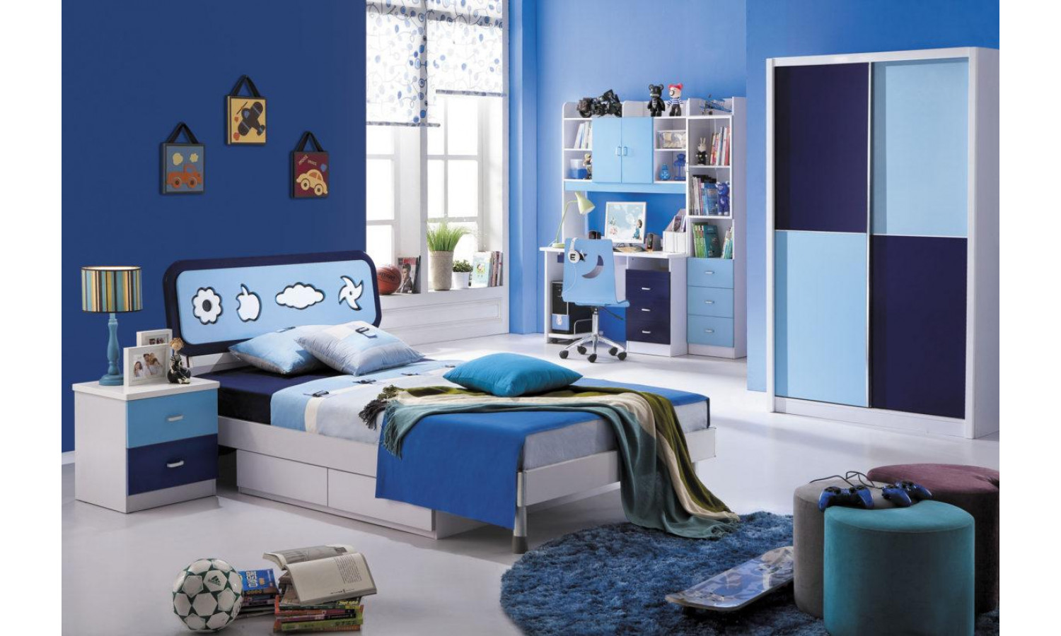 Спальня MK-4622-BL (кровать/МК-4600, тумбочка/МК-4601, шкаф/МК-4602) 0х0х0 Синий/Белый