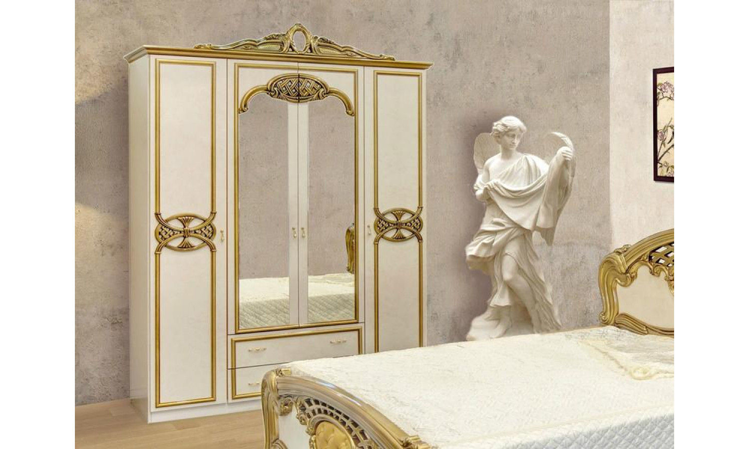 Шкаф 4-х дверный с зеркалами ОЛЬГА беж/золото