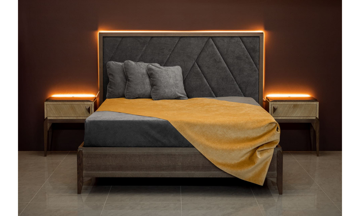 Кровать с мягким изголовьем 160x200 Барселона, Дуб медовый/Дуб серокоричневый