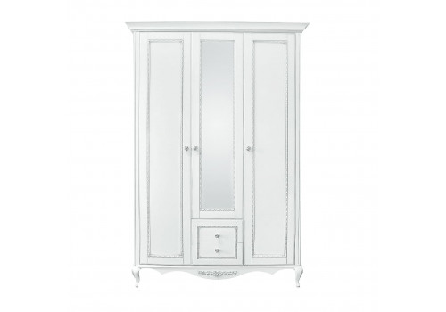 Шкаф 3 дверный с зеркалом Неаполь, Белый/Патина Серебро без структуры дерева