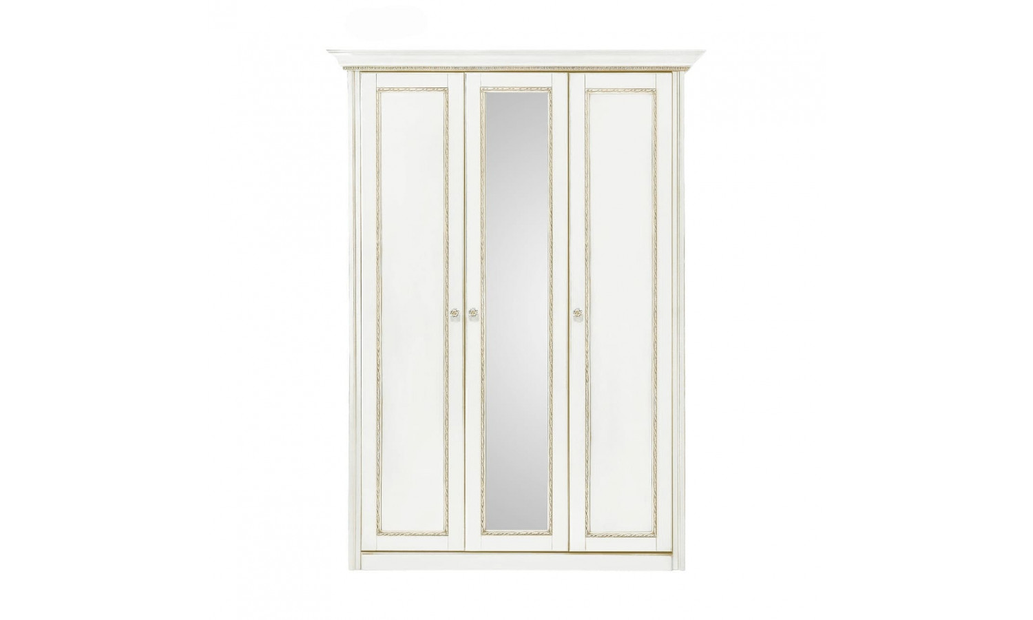 Шкаф 3 дверный с зеркалом Палермо Молочный/Патина Золото со структрой дерева