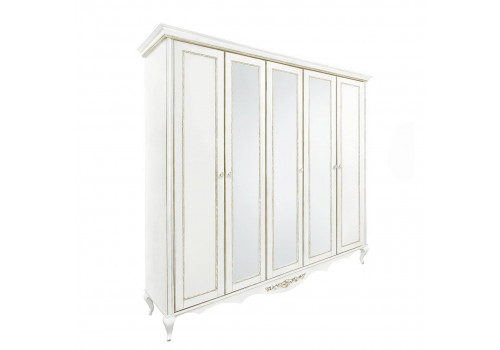 Шкаф 5 дверный с зеркалами Неаполь, Молочный/Патина Золото без структуры дерева
