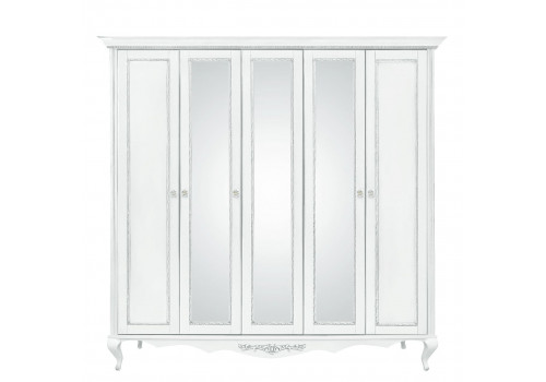 Шкаф 5 дверный с зеркалами Неаполь, Белый/Патина Серебро без структуры дерева