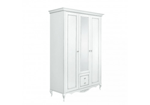 Шкаф 3 дверный с зеркалом Неаполь, Белый/Патина Серебро без структуры дерева