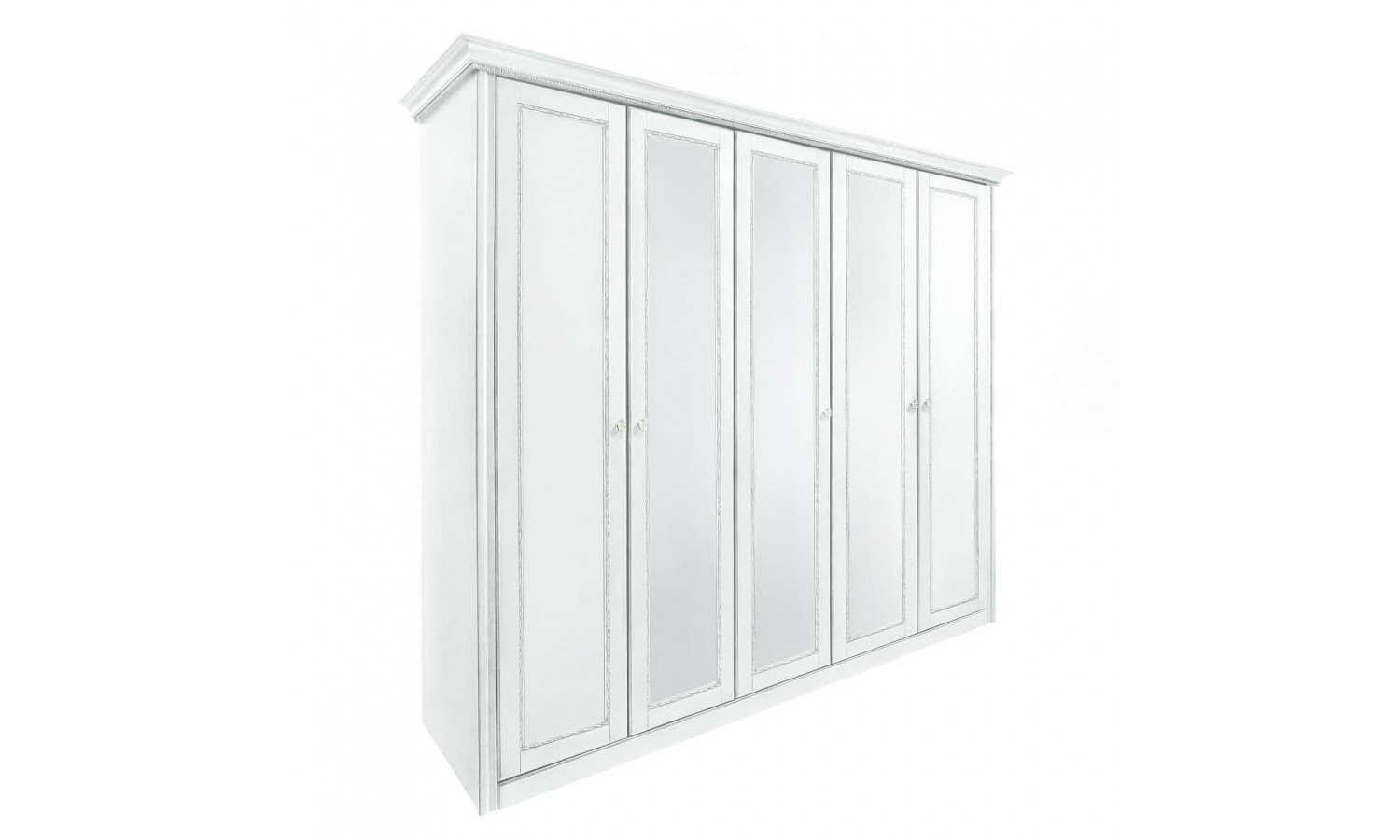 Шкаф 5 дверный с зеркалами Палермо Белый/Патина Серебро со структурой дерева