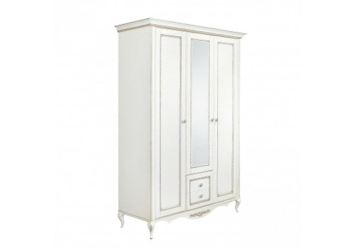 Шкаф 3 дверный с зеркалом Неаполь, Молочный/Патина Золото со структурой дерева