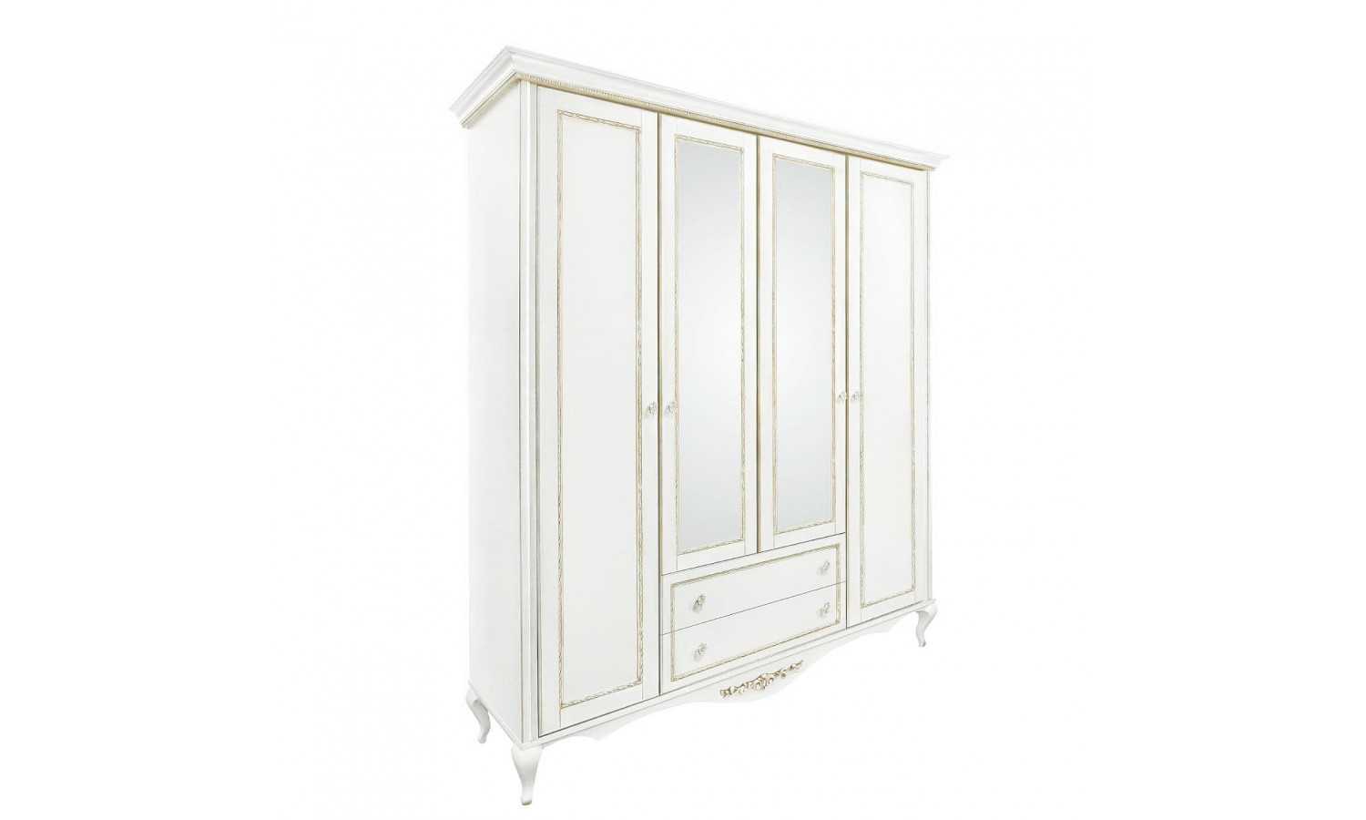 Шкаф 4 дверный с зеркалами Неаполь, Молочный/Патина Золото без структуры дерева